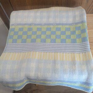 Saks Fifth Avenue Knit Baby Blanket Crib Nursery Decor Blue Green Yellow -LG